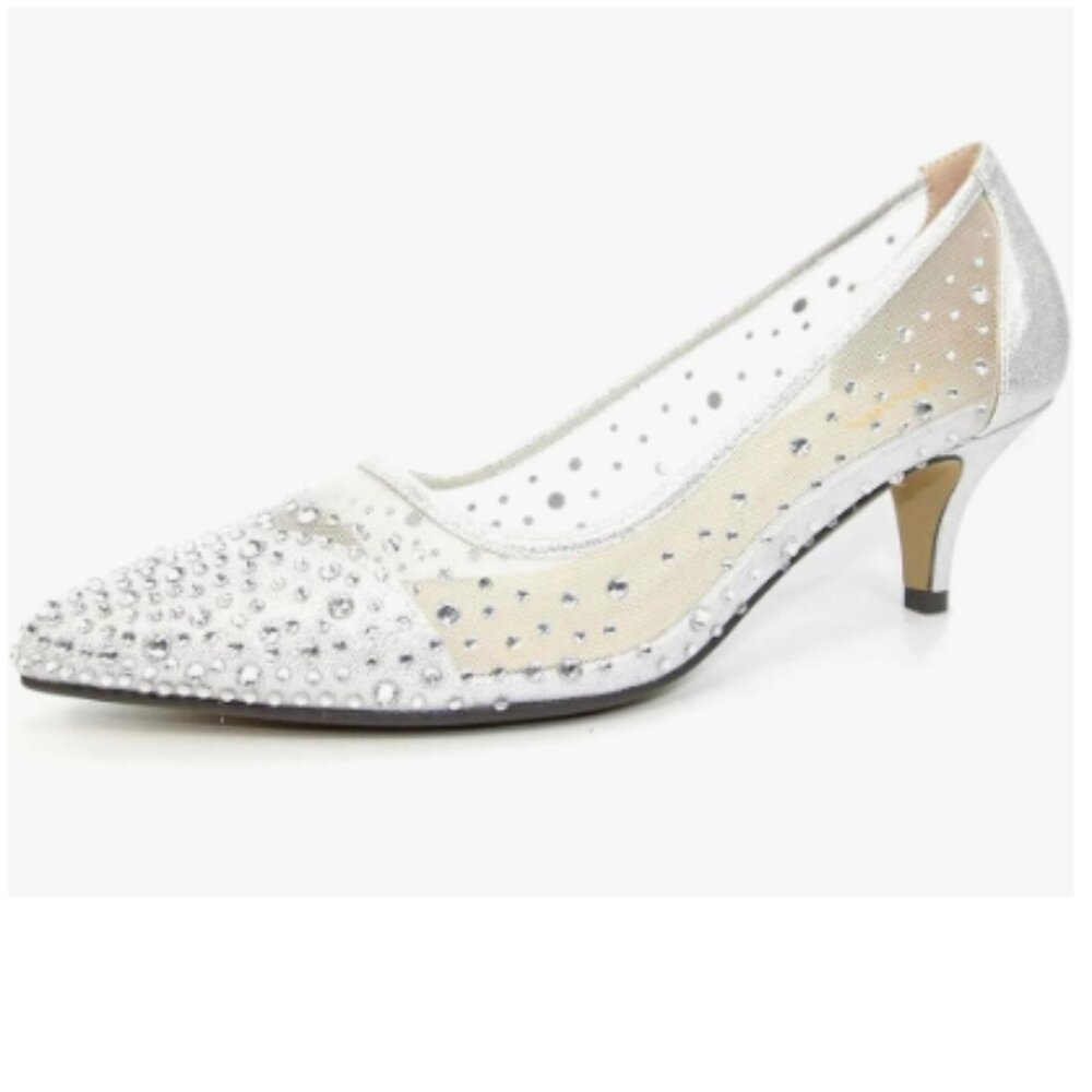 XYD Silver Pointed Toe Slip On Mesh Pumps Rhinestone Studs Kitten Heels Shoes